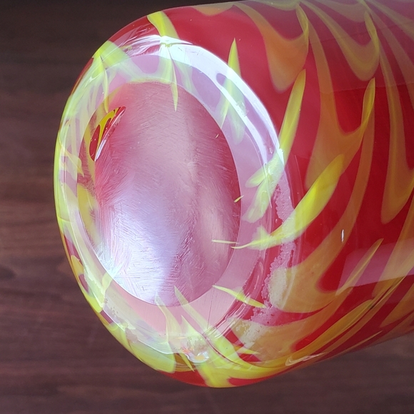 Art Glass Vase-Red and Yellow Flower Vase-Swirled Optic Pulled Feather - Picture 5 of 7